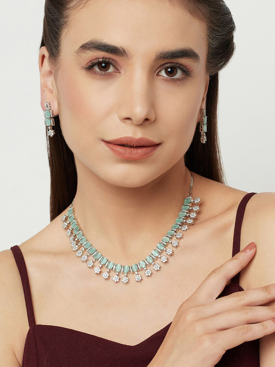 

Voylla Rhodium-Plated Silver Toned & White CZ Studded Jewellery Set