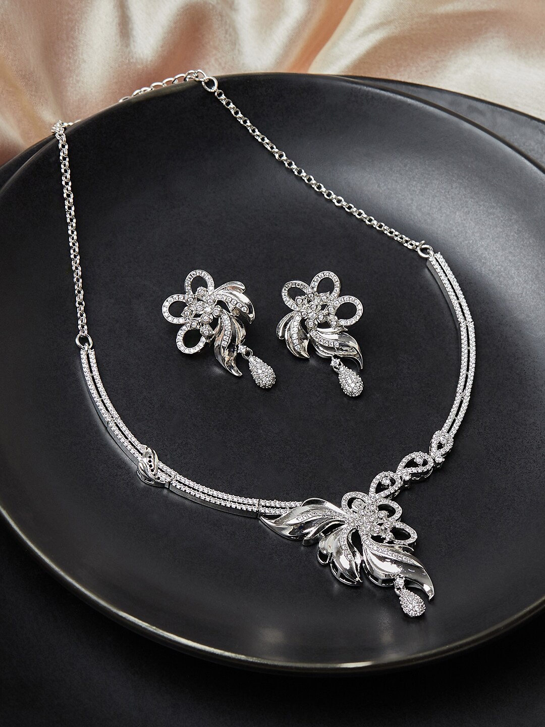 

Voylla Rhodium-Plated Silver Toned CZ Studded Jewellery Set