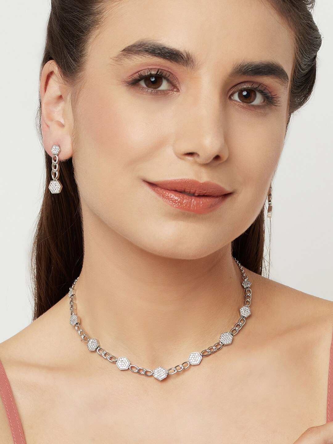 

Voylla Rhodium-Plated Silver Toned & White Stone Studded Jewellery Set