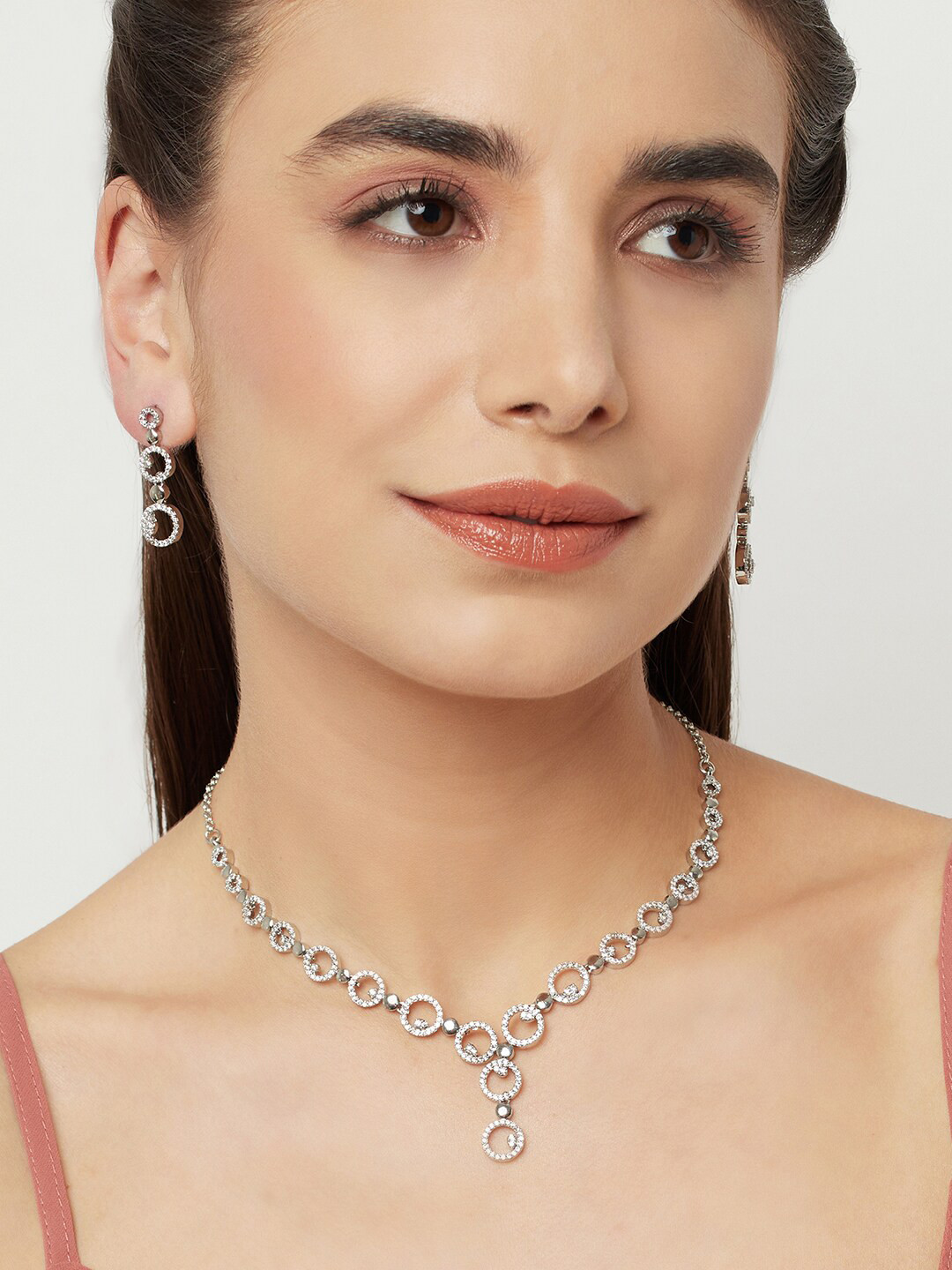 

Voylla Rhodium-Plated Silver Toned & White Stone Studded Jewellery Set
