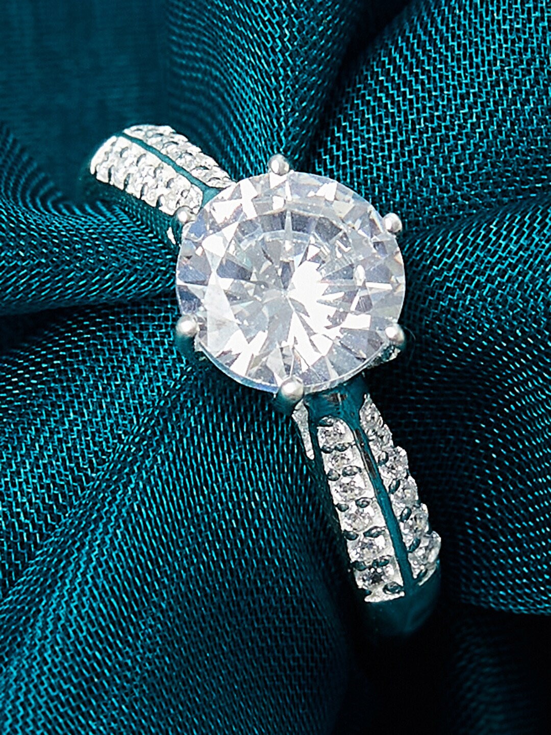 Studio Voylla 925 Sterling Silver White CZ Studded Adjustable Finger Ring
