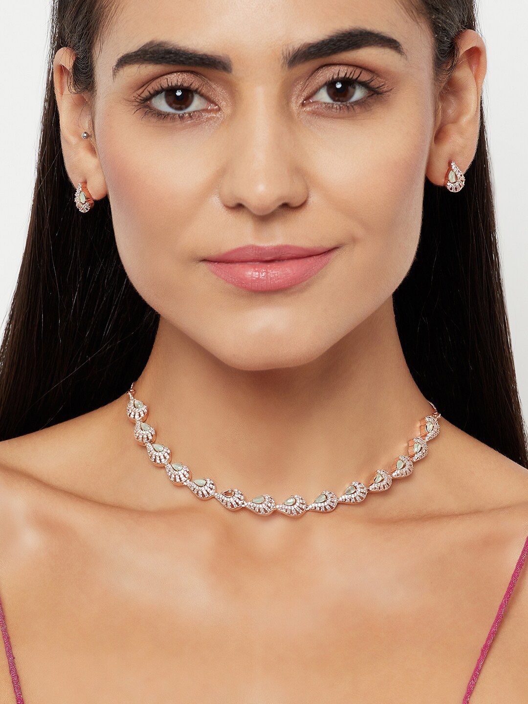 

Voylla Rose Gold-Plated White & Green AD-Studded Jewellery Set