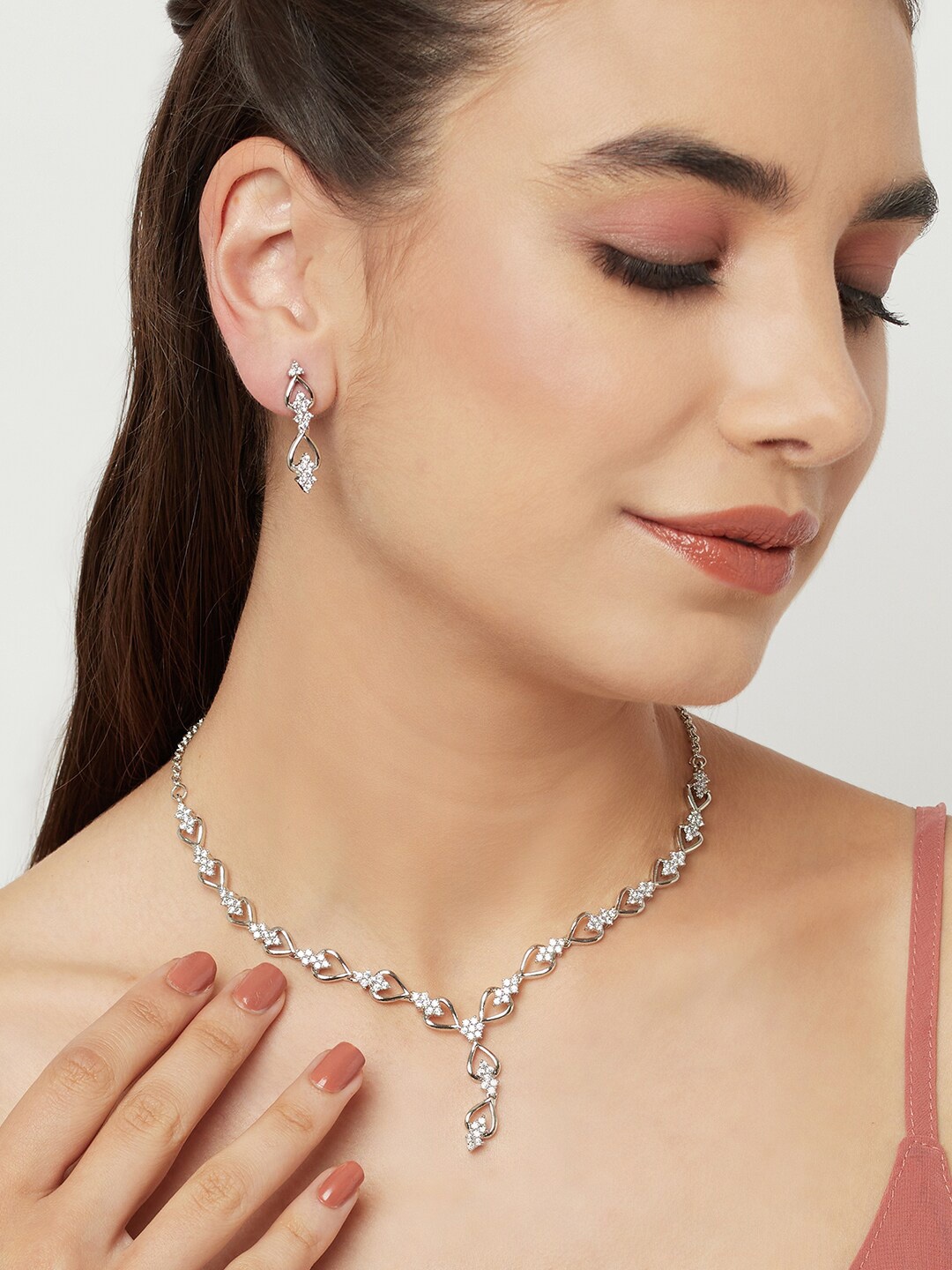 

Voylla Rhodium-Plated Silver Toned & White CZ Studded Jewellery Set