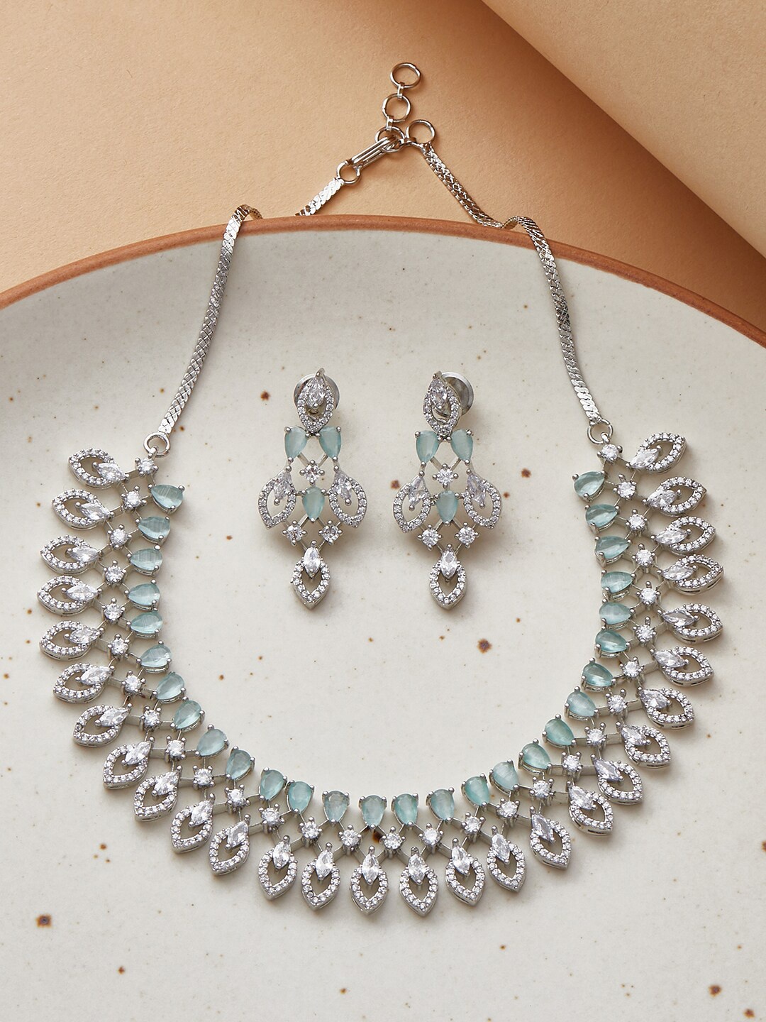 

Voylla Rhodium-Plated Silver-Toned White & Green CZ-Studded Jewellery Set