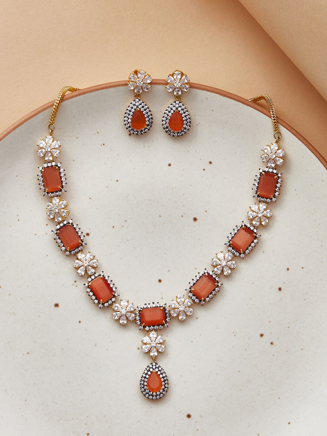 

Voylla Gold-Plated White & Brown Stone-Studded Jewellery Set