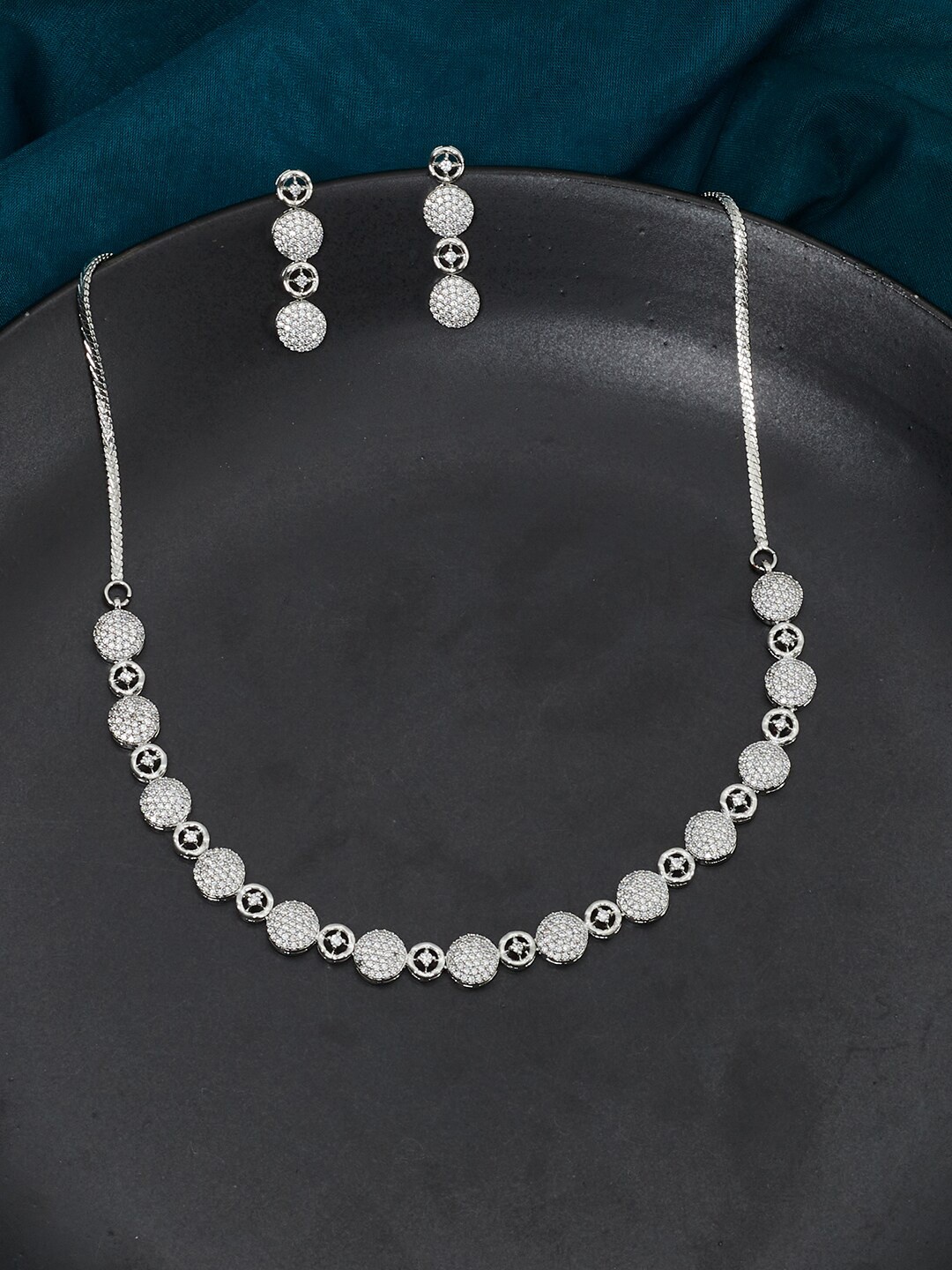 

Voylla Silver-Toned White CZ-Studded Rhodium-Plated Jewellery Set