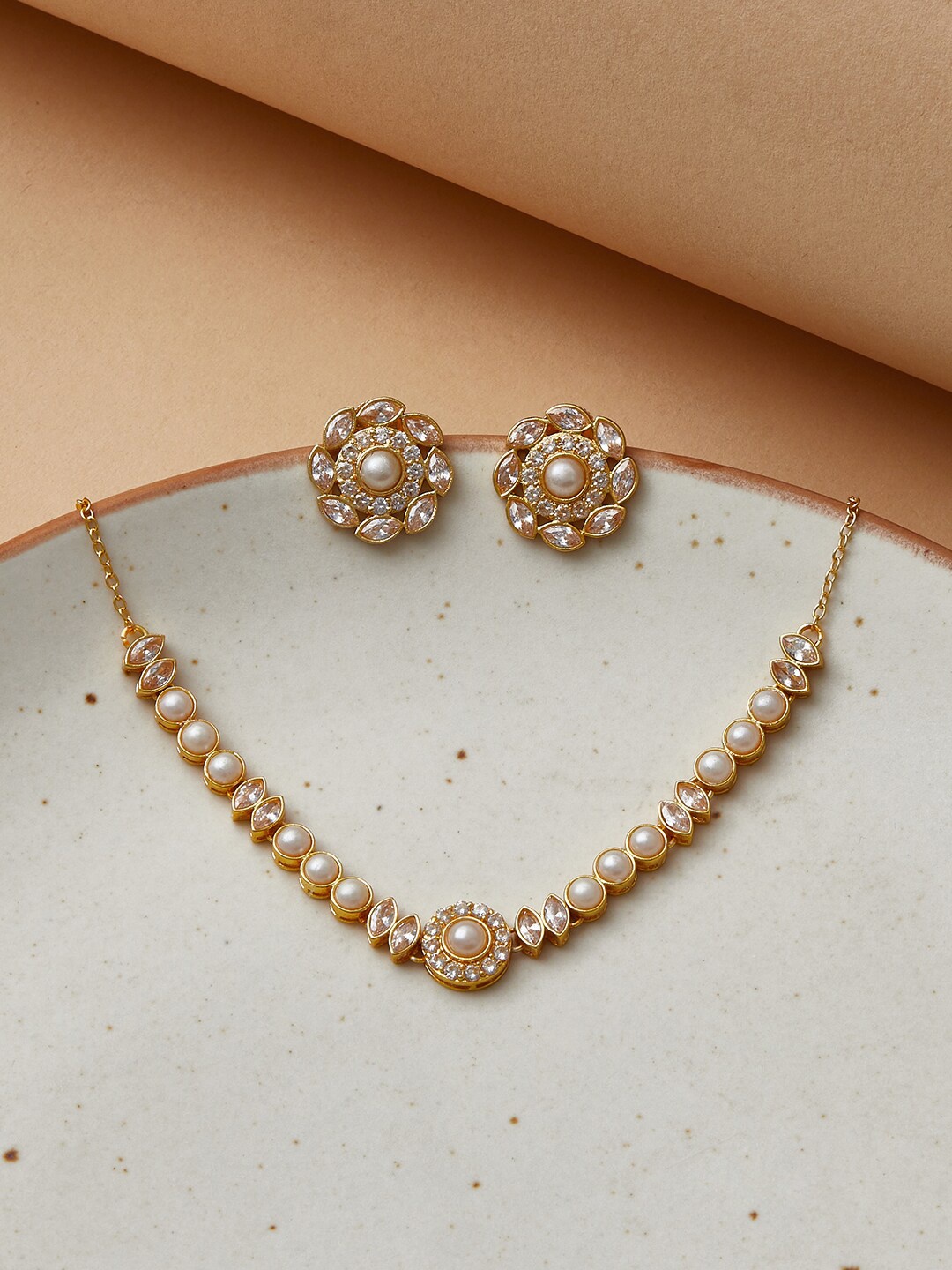 

Voylla Gold-Plated White CZ Studded & Beaded Jewellery Set