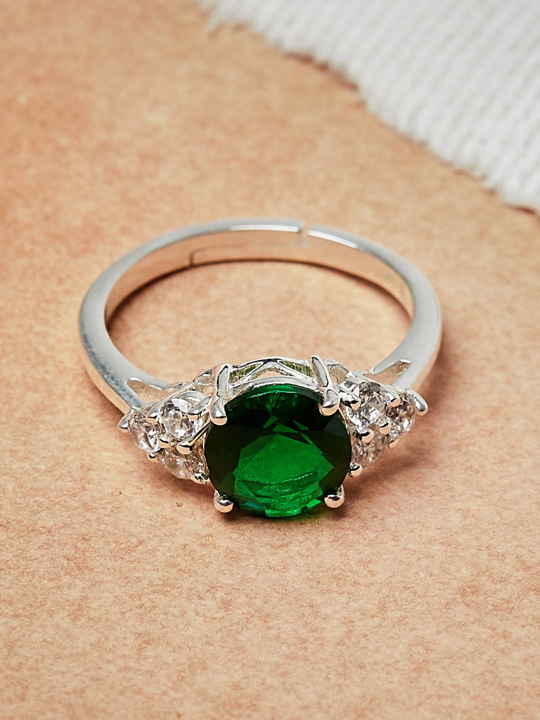 

Voylla Silver-Plated Green Stone Decked Finger Ring
