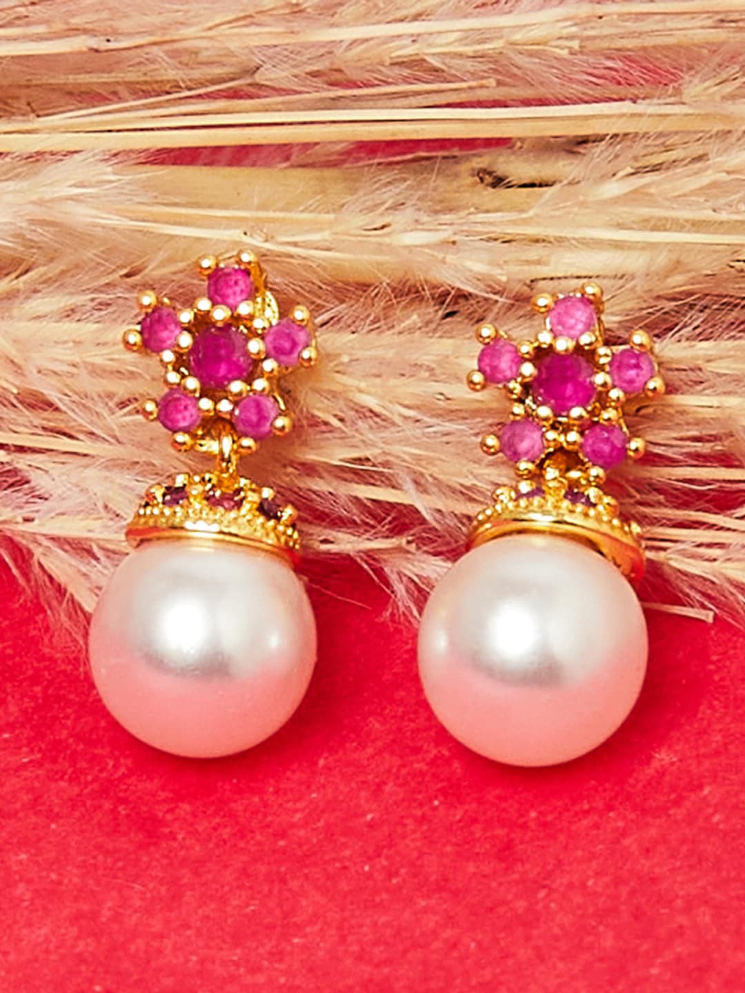 

Voylla Pink & White Floral Gold-Plated Drop Earrings