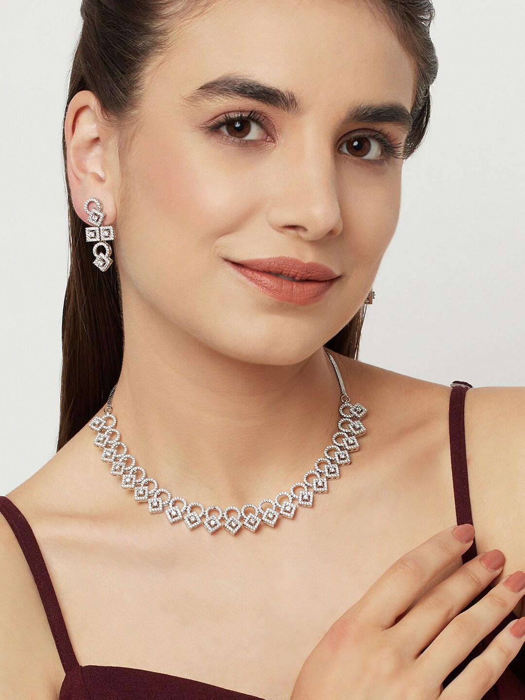 

Voylla Rhodium-Plated Silver-Toned & White CZ-Studded Jewellery Set