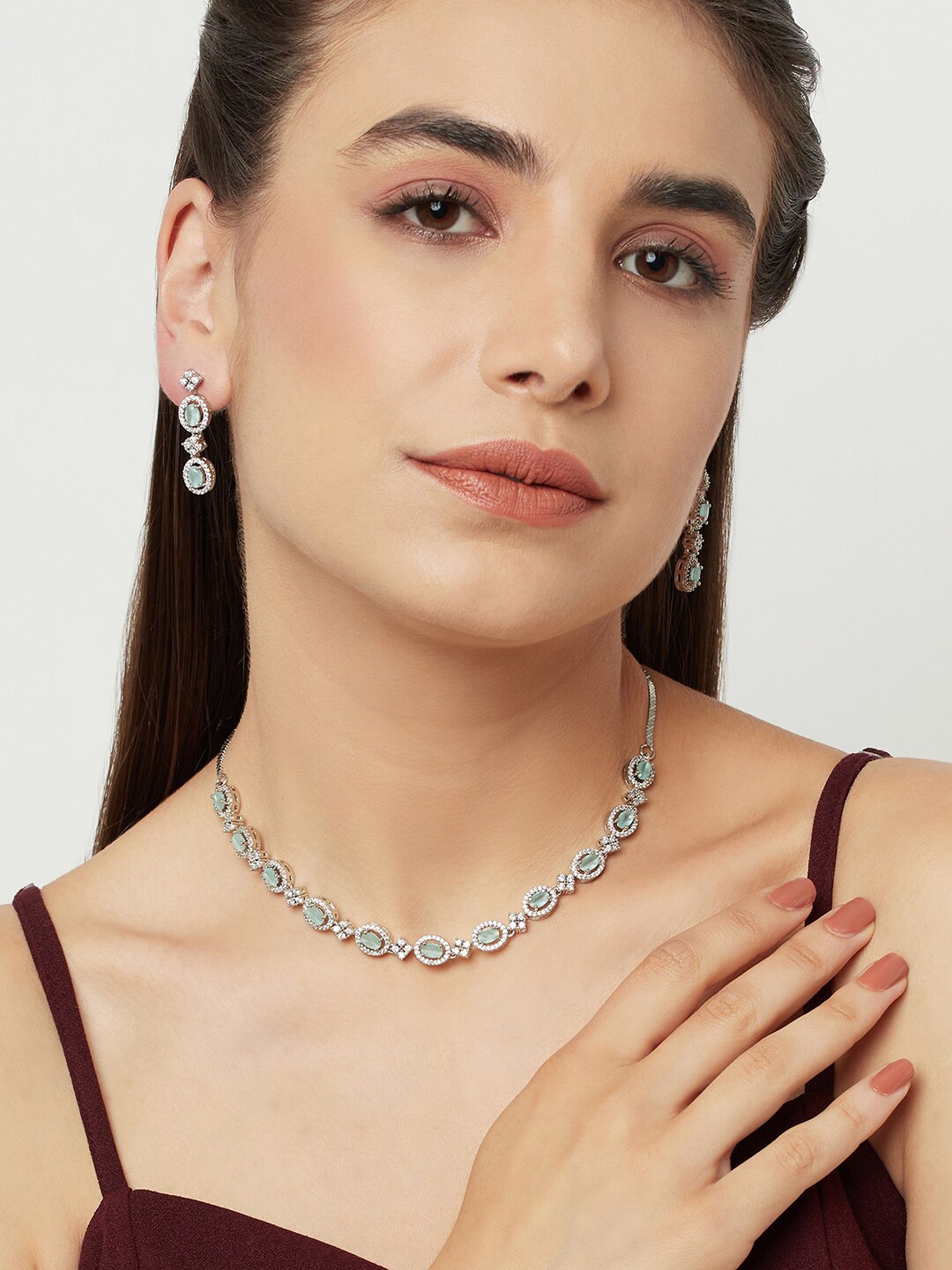 

Voylla Rhodium-Plated Silver-Toned White & Green CZ-Studded Jewellery Set