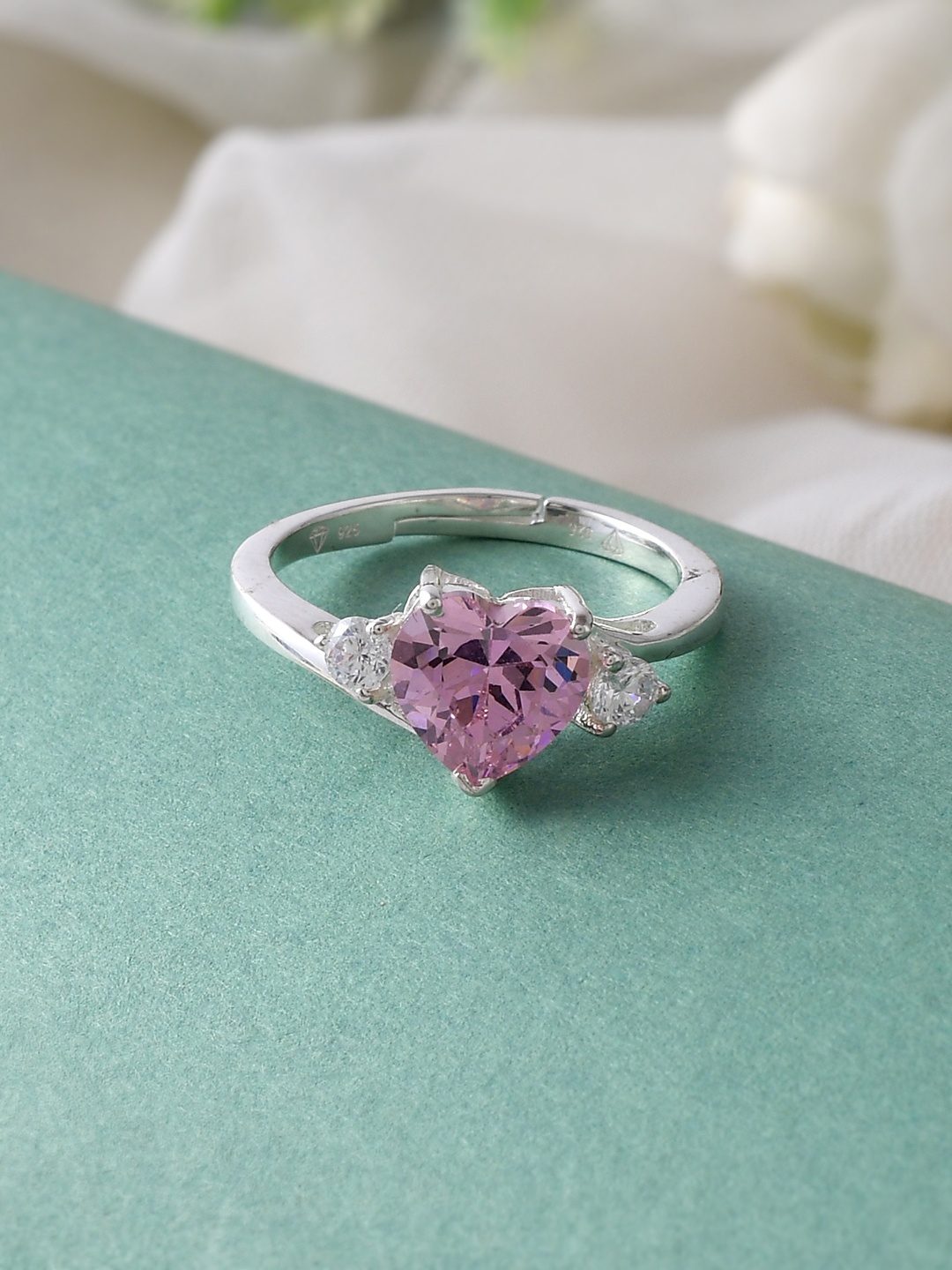 

Voylla 925 Sterling Silver Pink White Stone-Studded Finger Ring