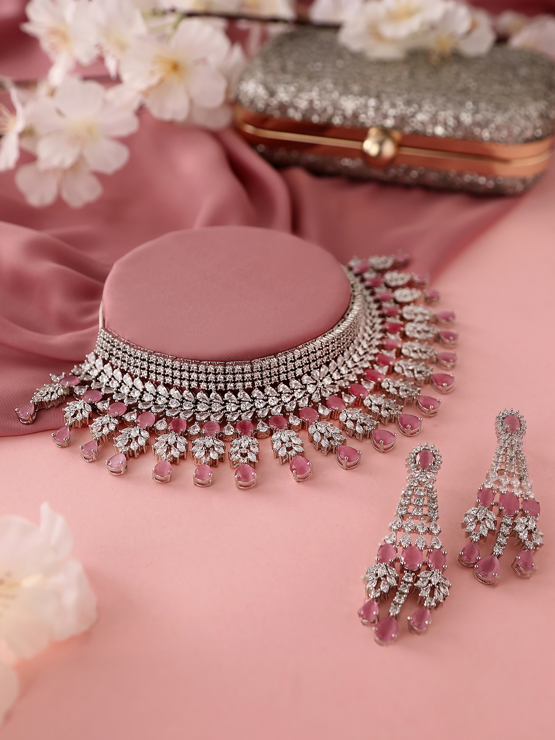 

Voylla Silver-Plated White & Pink CZ Studded Jewellery Set