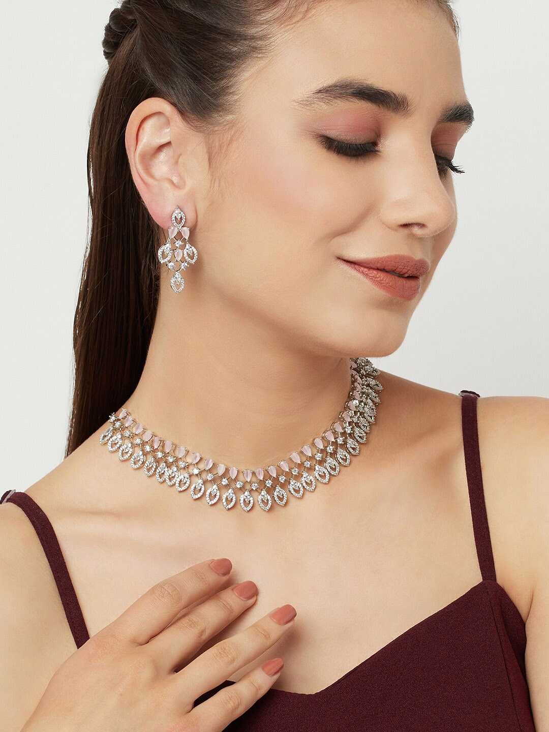

Voylla Silver-Toned & Plated CZ-Studded Jewellery Set