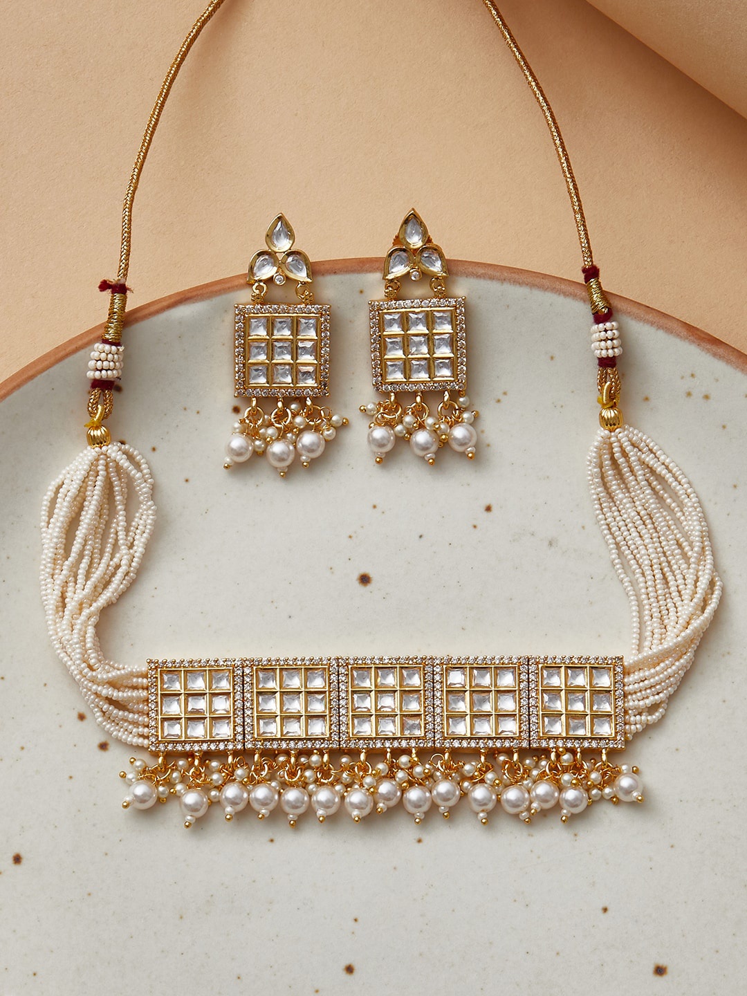 Voylla Gold-Plated White Kundan Studded & Beaded Jewellery Set