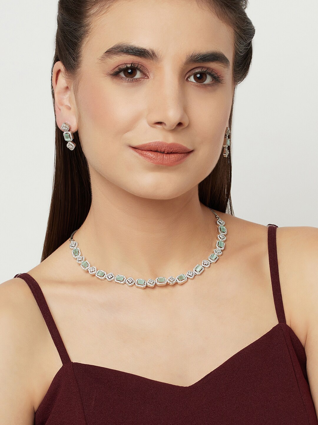 

Voylla Women Silver-Plated CZ-Studded Necklace Set