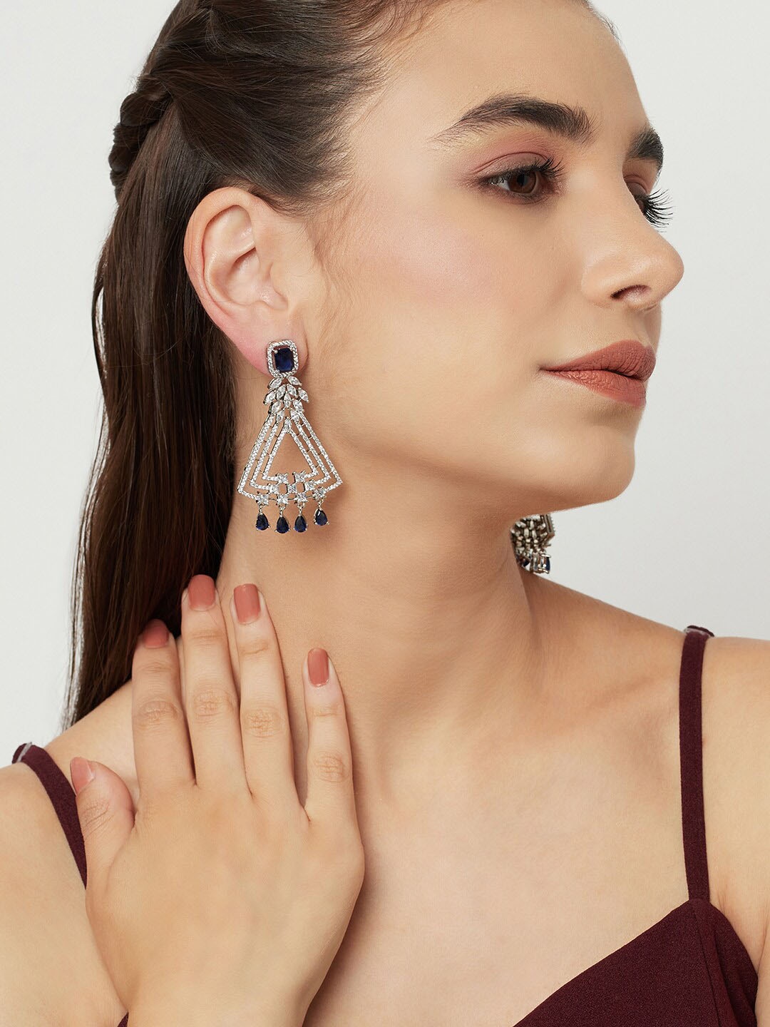 

Voylla Women Silver-Toned CZ Elegance Shimmering Dangler Triangular Drop Earrings