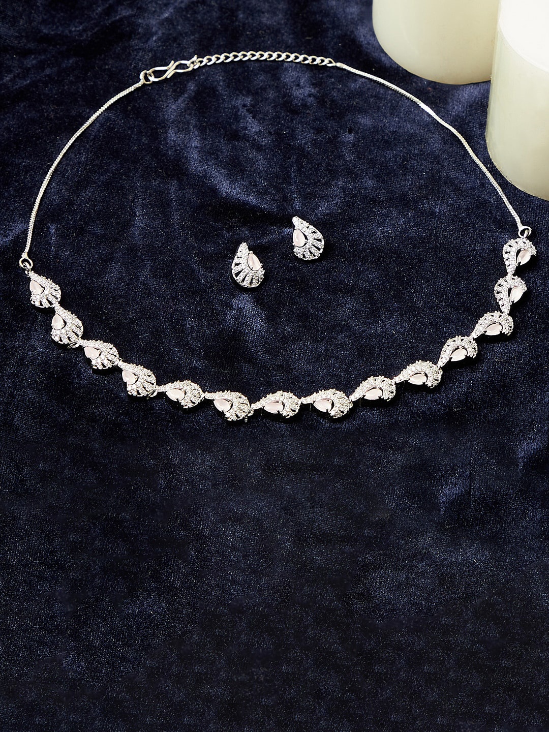 

Voylla Rhodium-Plated White & Pink AD-Studded Jewellery Set, Silver