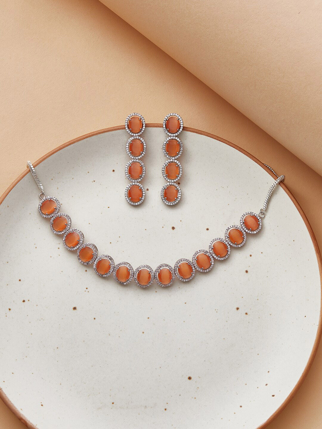 

Voylla Rhodium-Plated Silver-Toned Orange & White CZ-Studded Jewellery Set