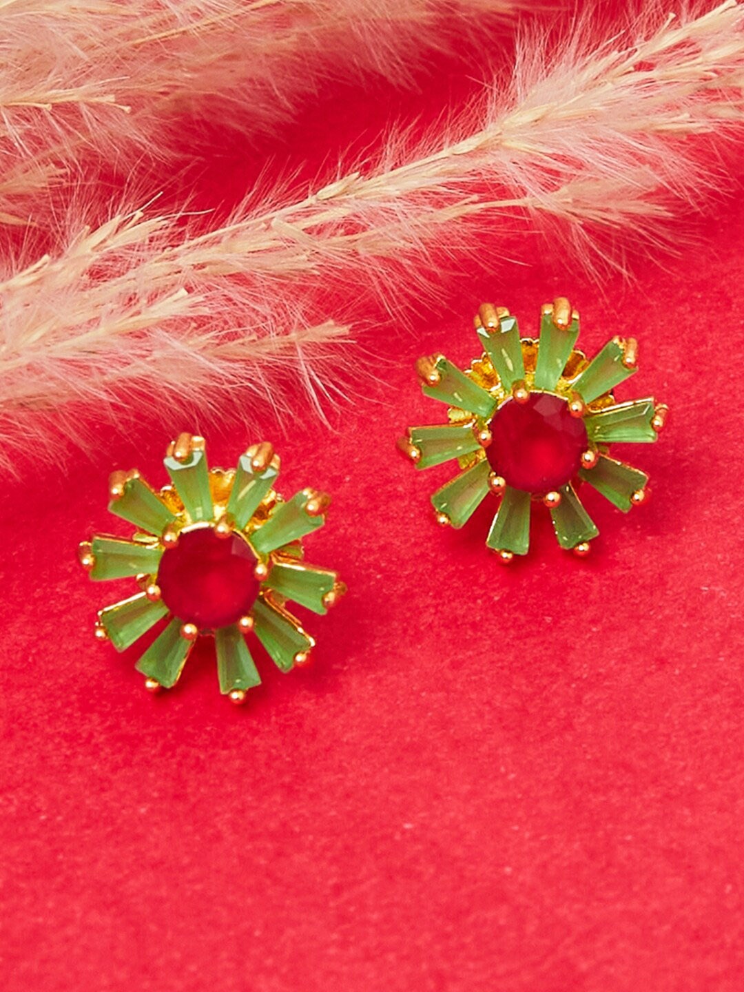 

Voylla Gold-Plated Green & Red Contemporary Studs Earrings