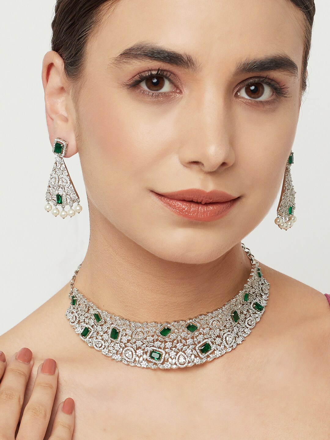 

Voylla Rhodium-Plated Green & White CZ Studded Jewellery Set, Silver