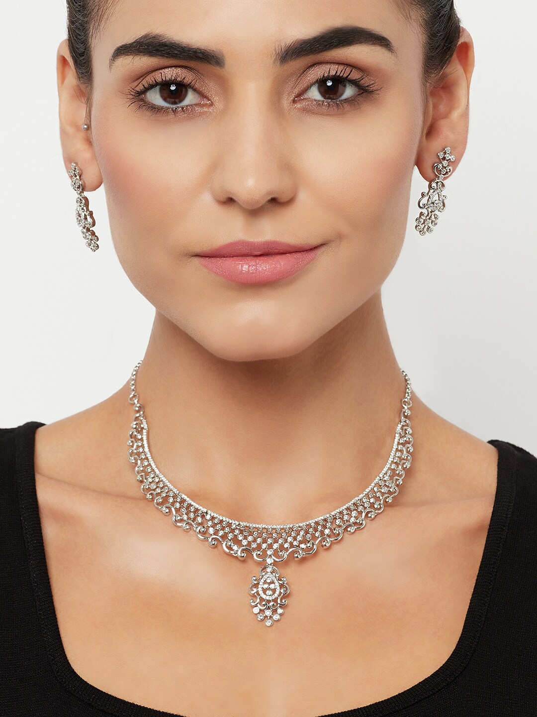 

Voylla Rhodium-Plated Silver-Toned White CZ-Studded Jewellery Set