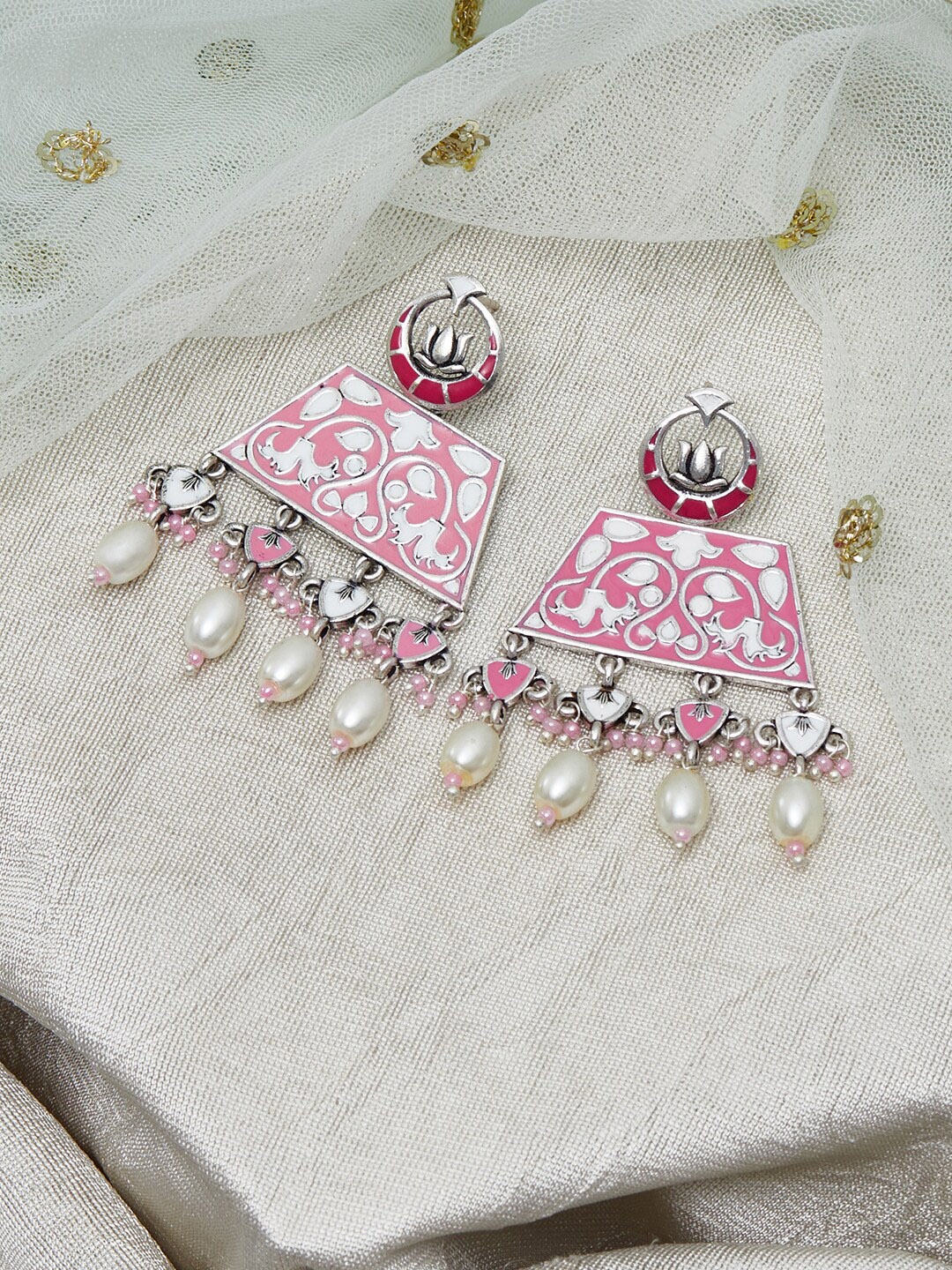 

Voylla Women Pink & Silver-Plated Contemporary Drop Earrings