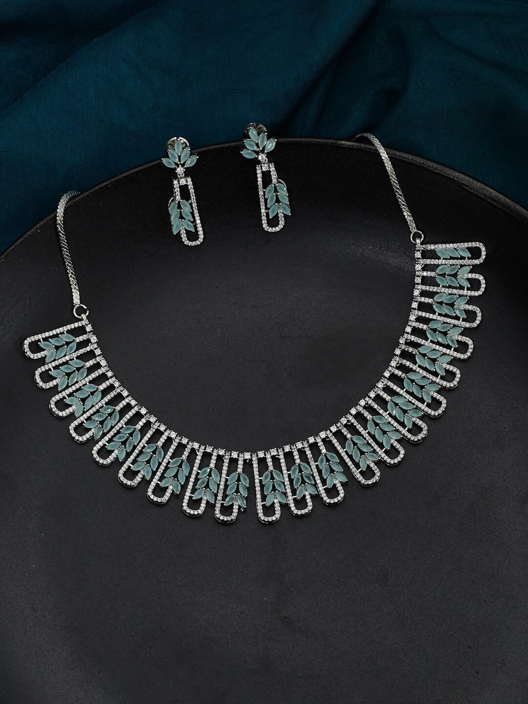Voylla Women Blue & Silver-Toned & Plated Leaves Motif CZ-Studded Necklace Set