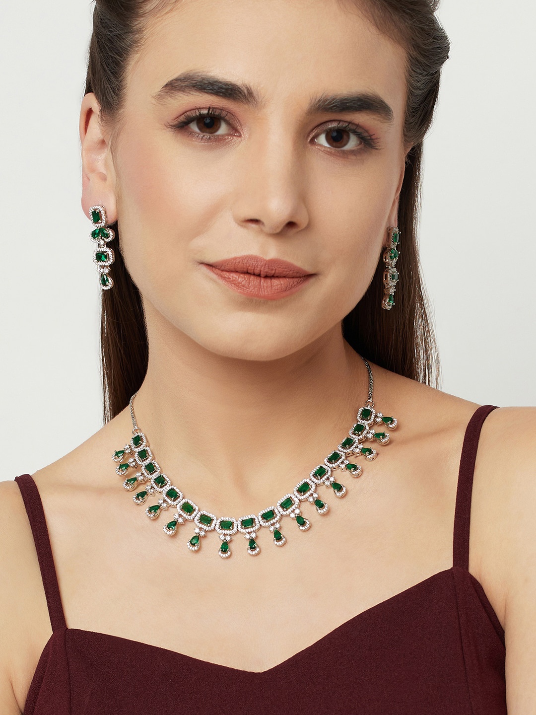 

Voylla Rhodium-Plated Silver-Toned & Green Stone-Studded Jewellery Set