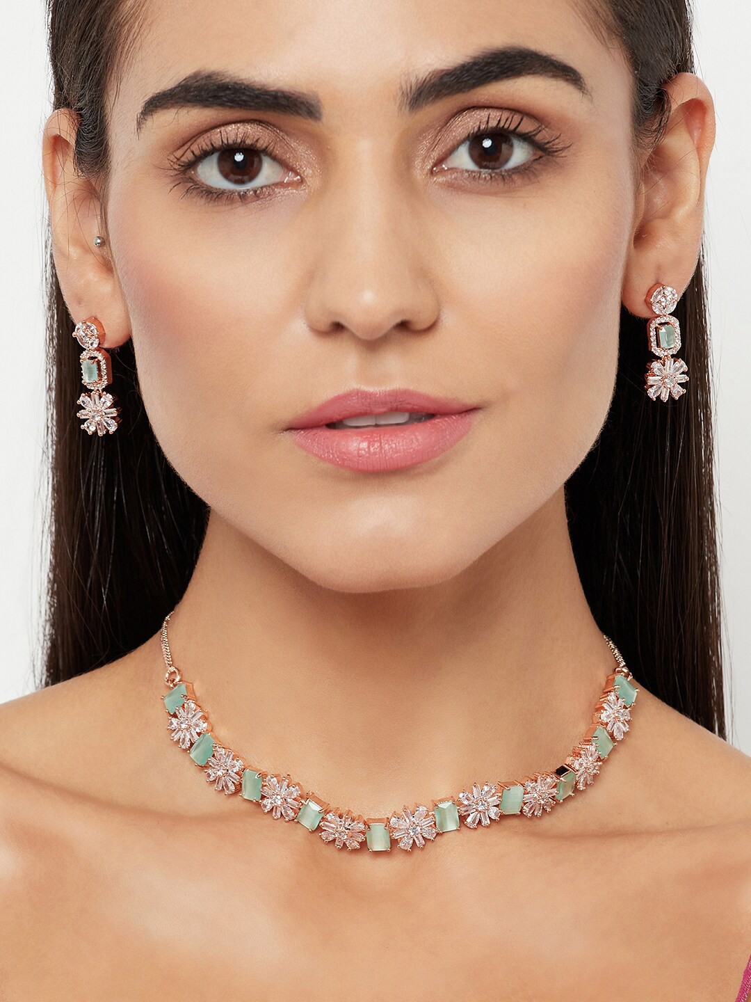

Voylla Women Rose Gold-Plated Aqua & White American Diamond & CZ Studded Jewellery Set