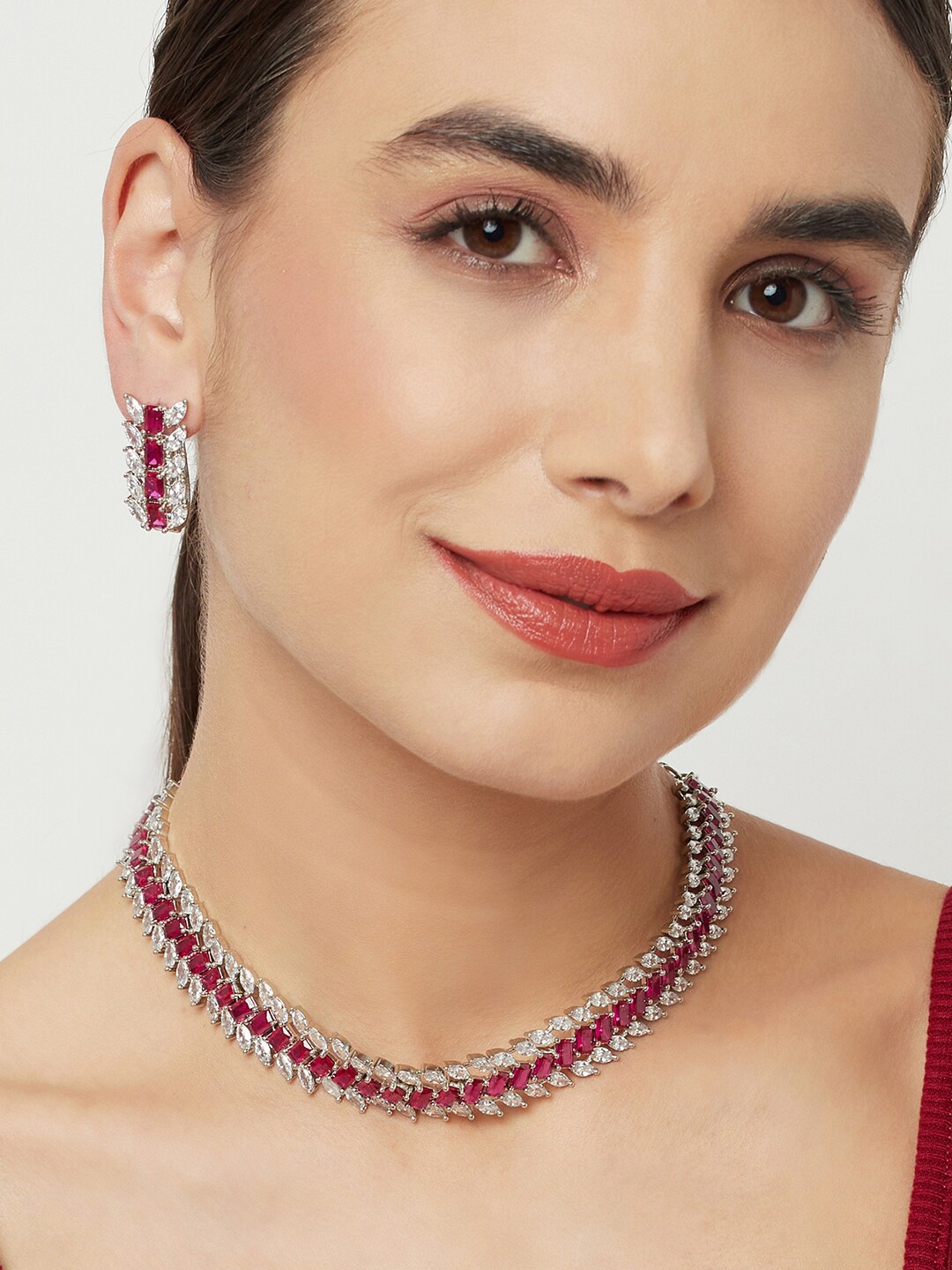 

Voylla Women Rhodium-Plated Pink & White CZ Gems Studded Jewellery Set
