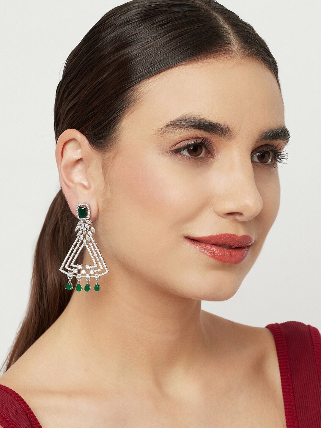 

Voylla Silver-Plated Green Contemporary Drop Earrings
