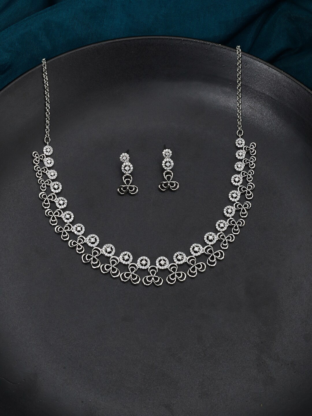 

Voylla Silver Toned & Rhodium-Plated CZ Studded Jewellery Set