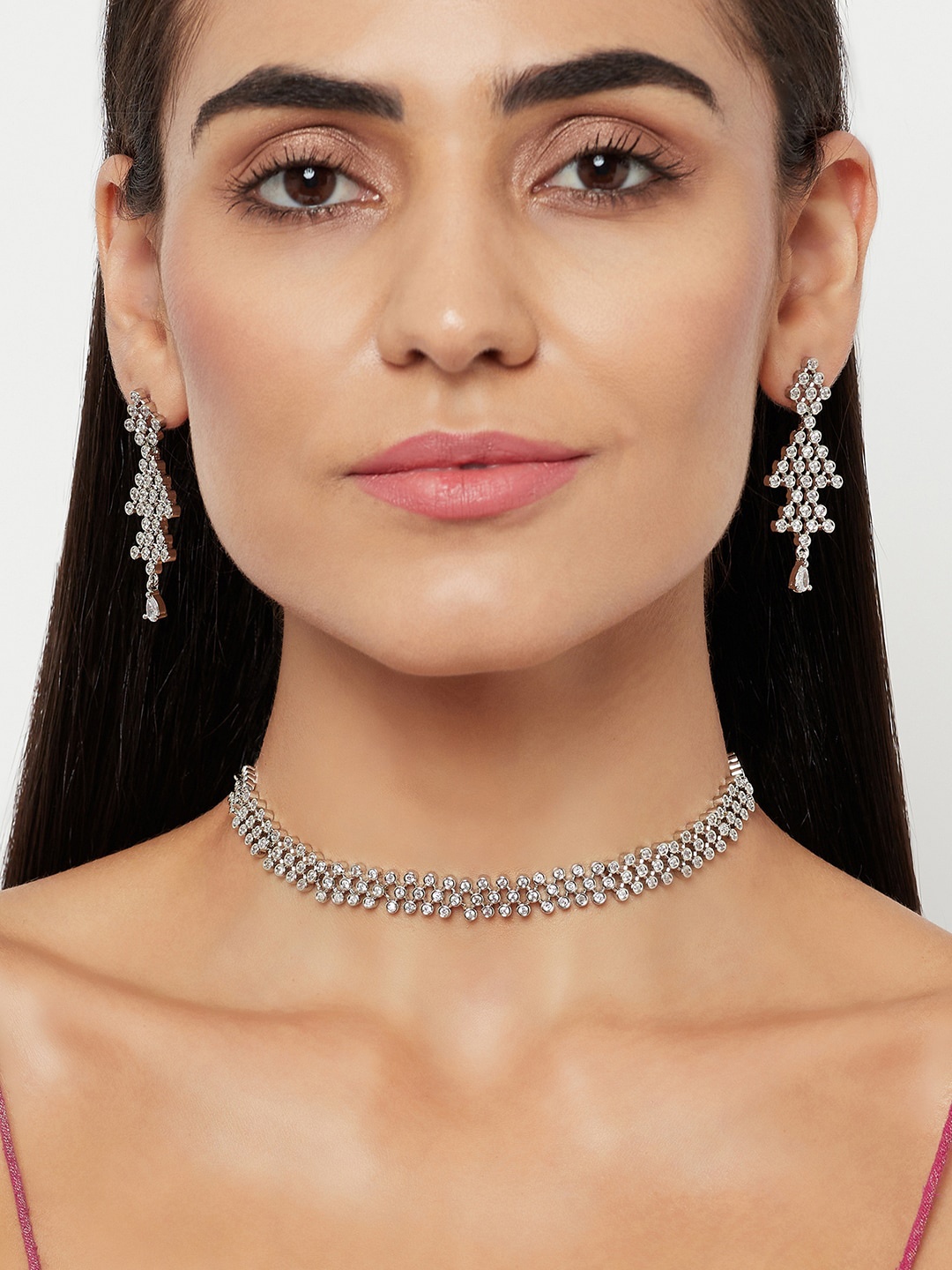 

Voylla Rhodium-Plated CZ Studded Choker Jewellery Set, Silver