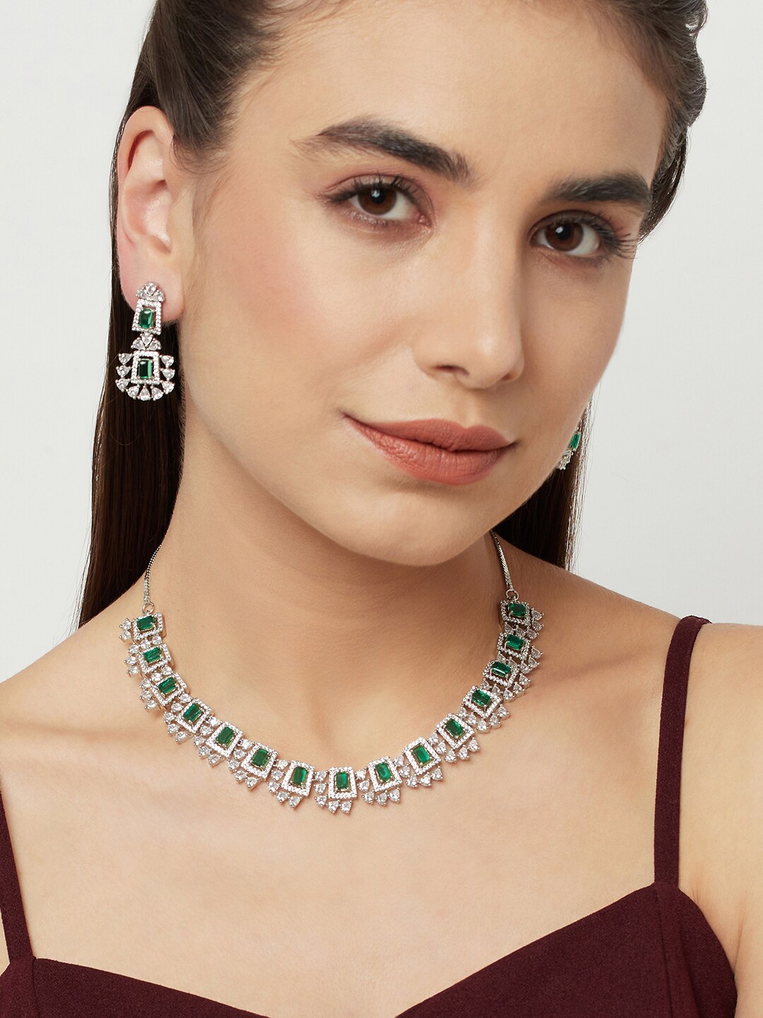 

Voylla Rhodium-Plated Green CZ Studded Jewellery Set, Silver