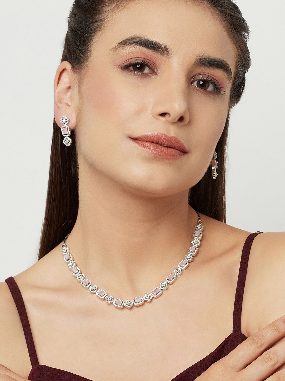 

Voylla Rhodium-Plated Pink CZ Studded Jewellery Set, Silver