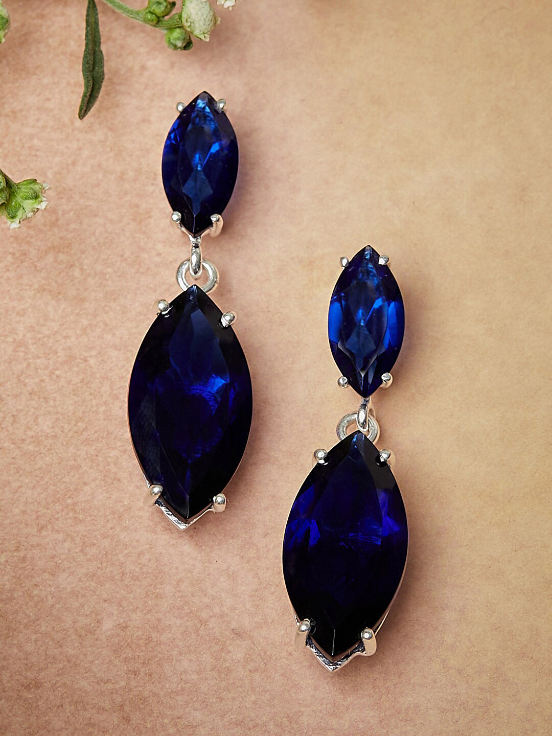 

Voylla Women Silver-Toned Contemporary Blue Stone Drop Earrings