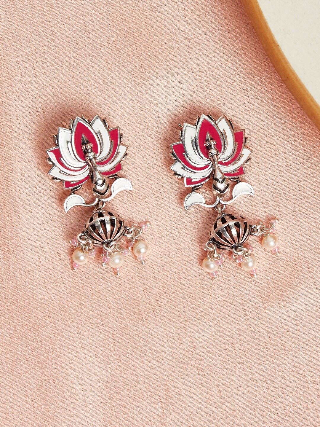 

Voylla Women Silver-Toned & Red Contemporary Jhumkas Earrings