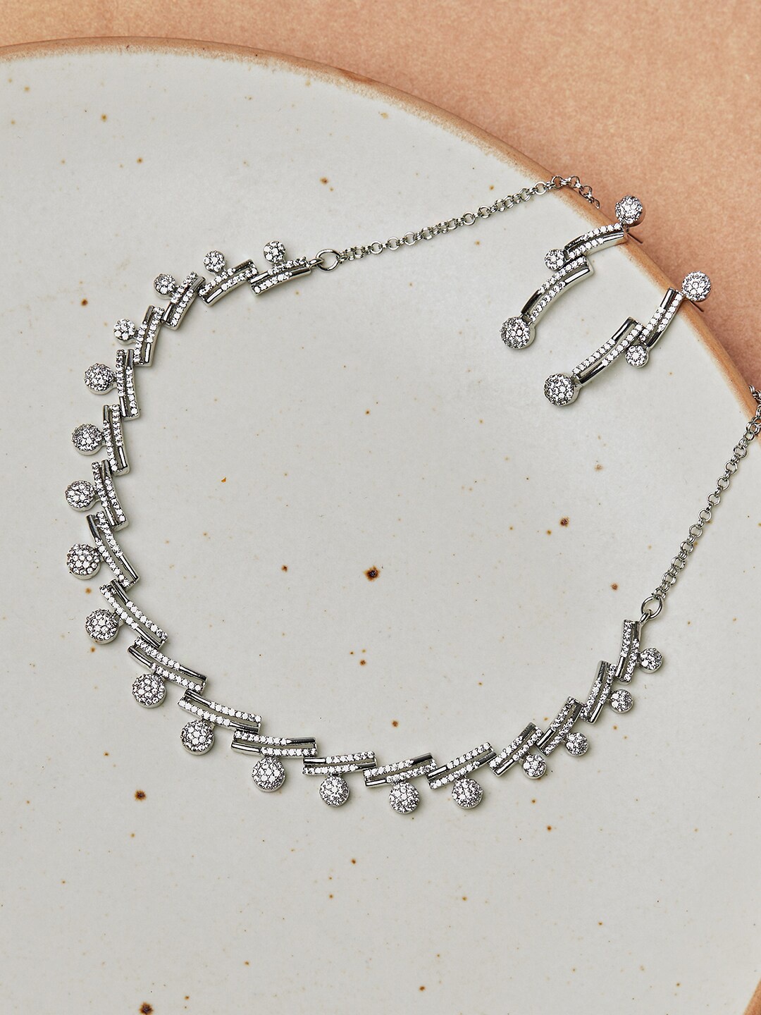 

Voylla Silver-Plated White Stone-Studded Jewellery Set
