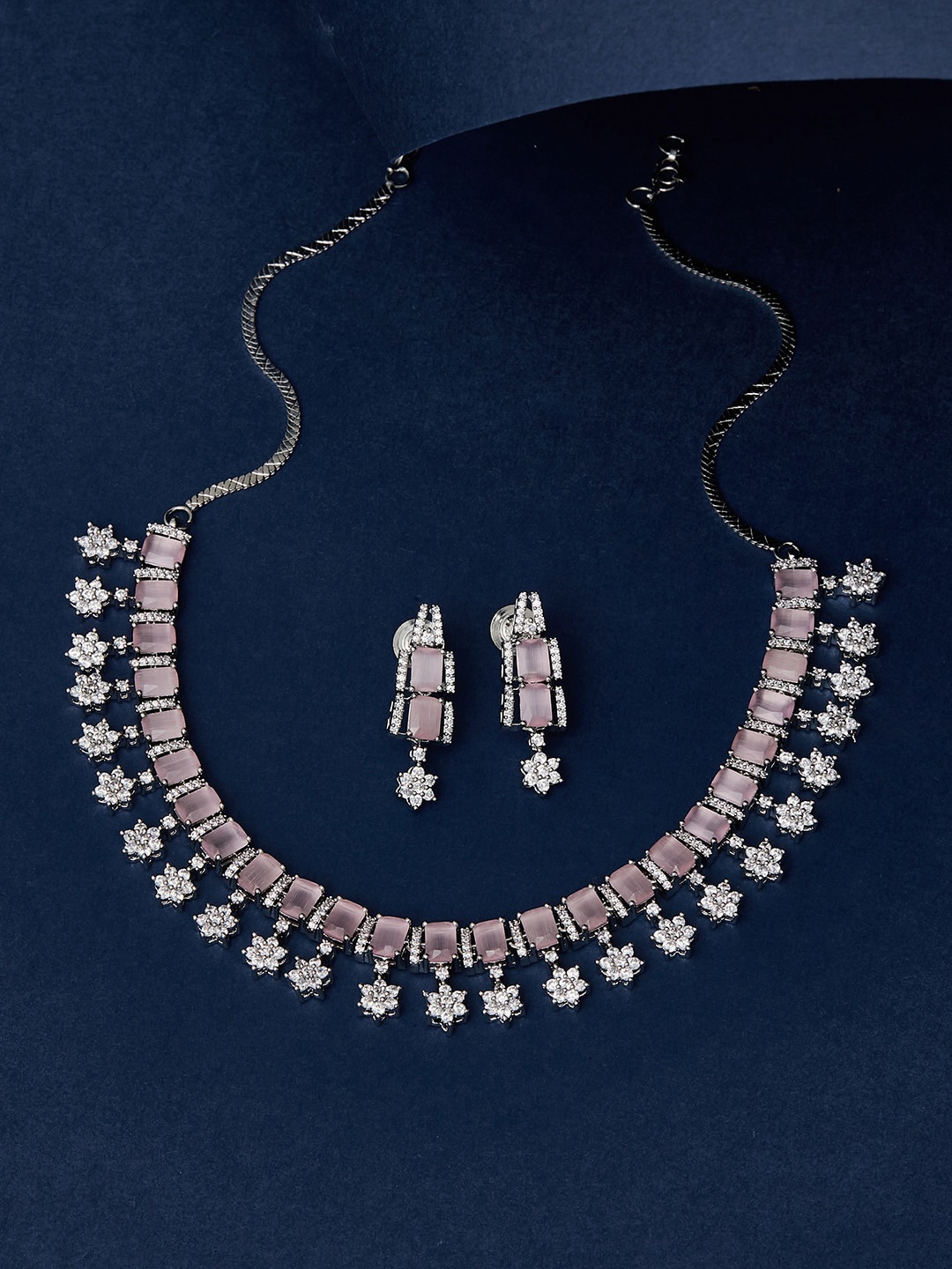 

Voylla Women Rhodium-Plated PInk CZ Studded Jewellery Set, Silver