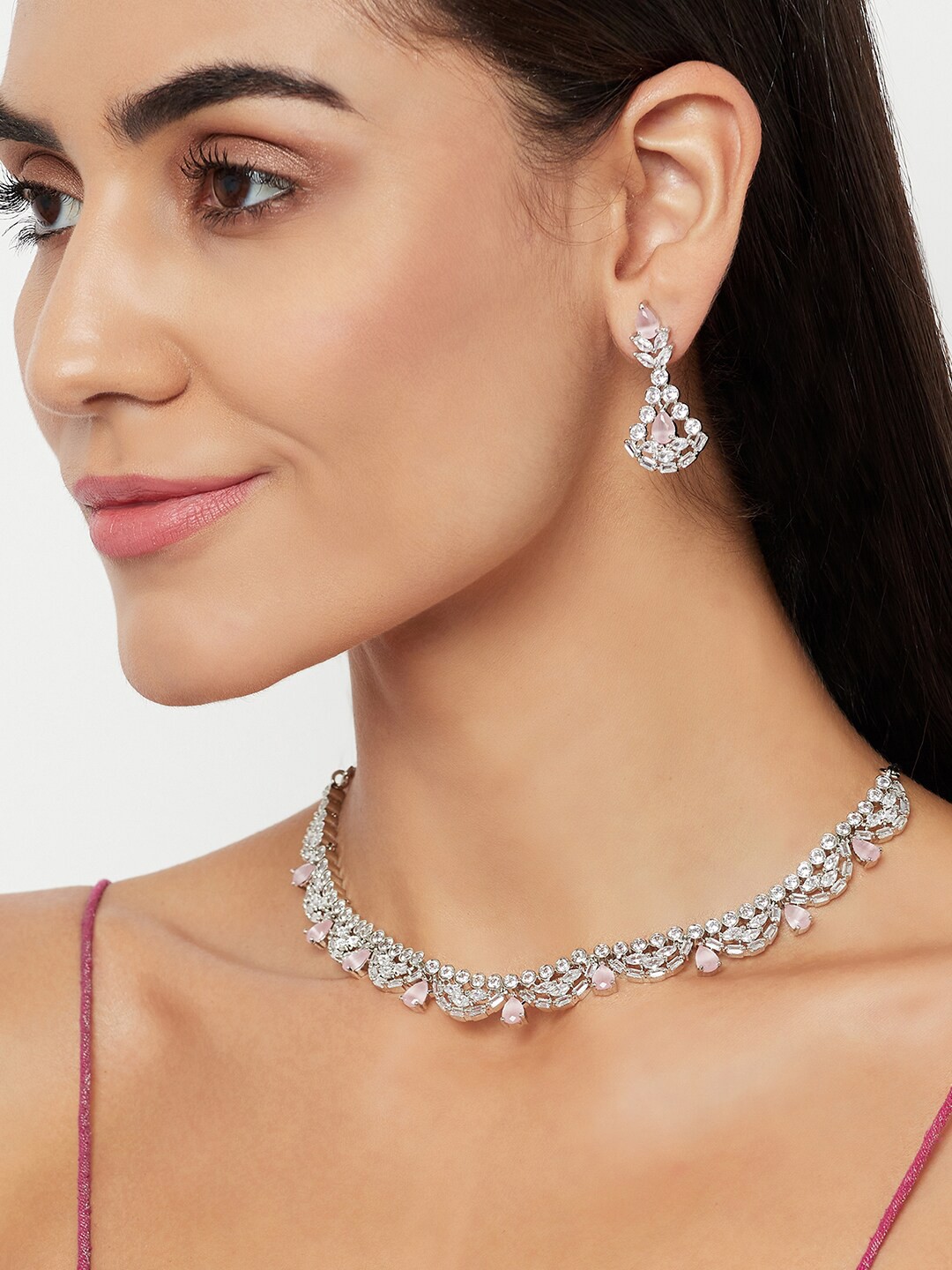

Voylla Women Rhodium-Plated White CZ Studded Jewellery Set, Silver