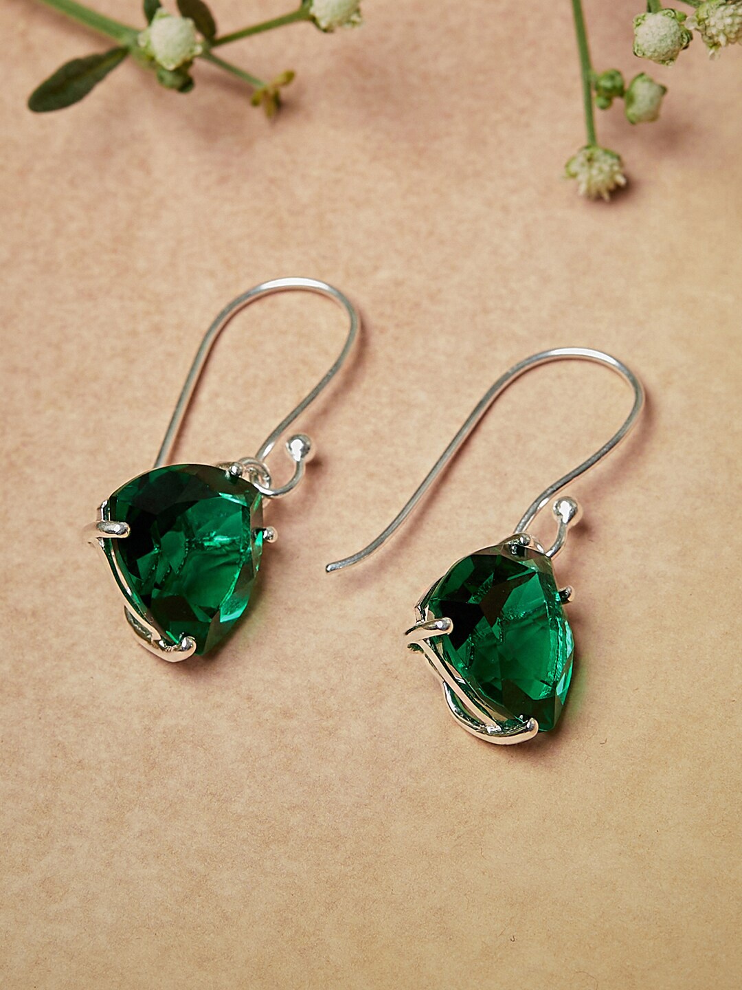 

Voylla Silver-Toned & Green Contemporary Drop Earrings