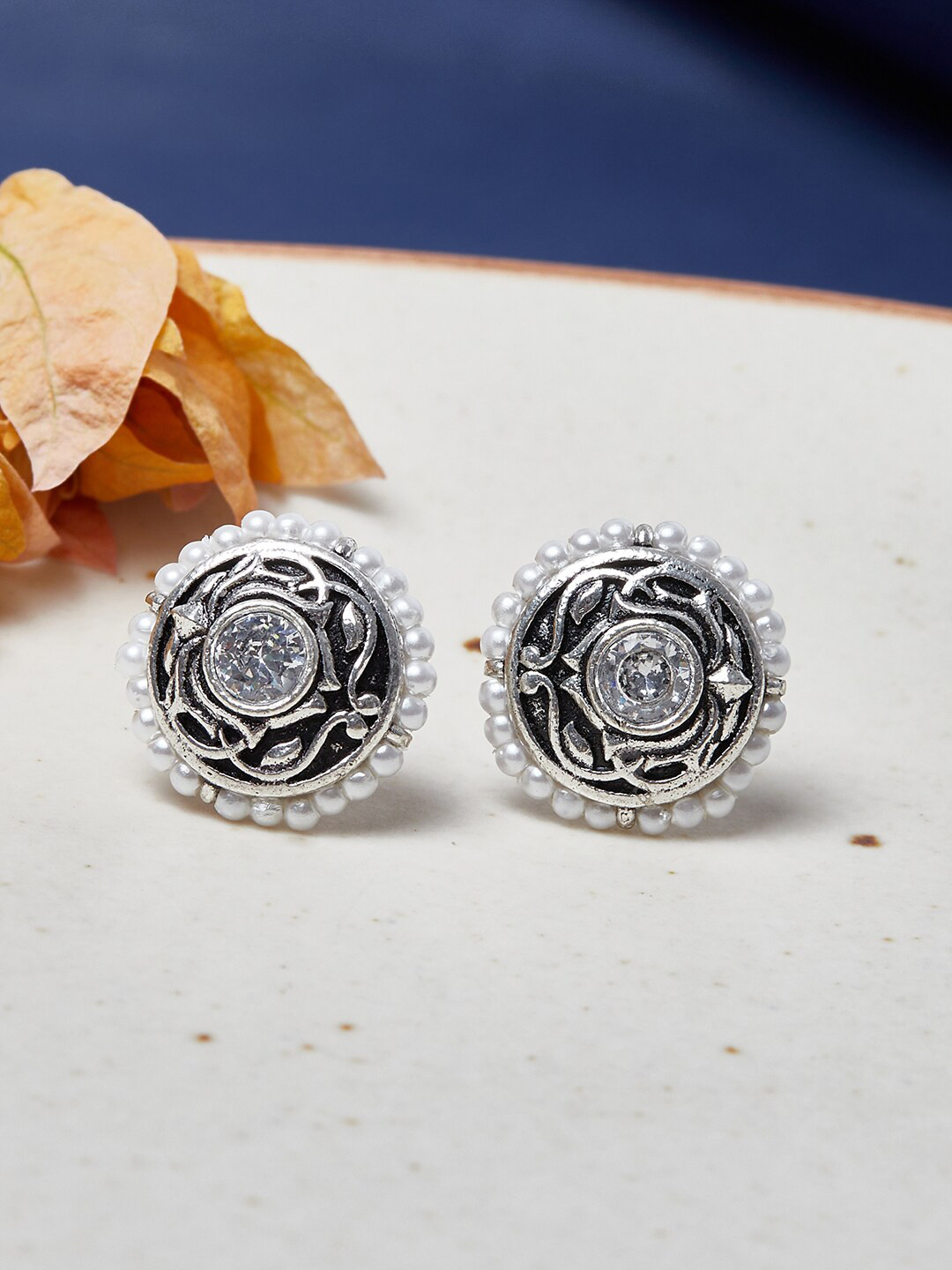 

Voylla Silver-Plated White Oxidised Classic Studs Earrings