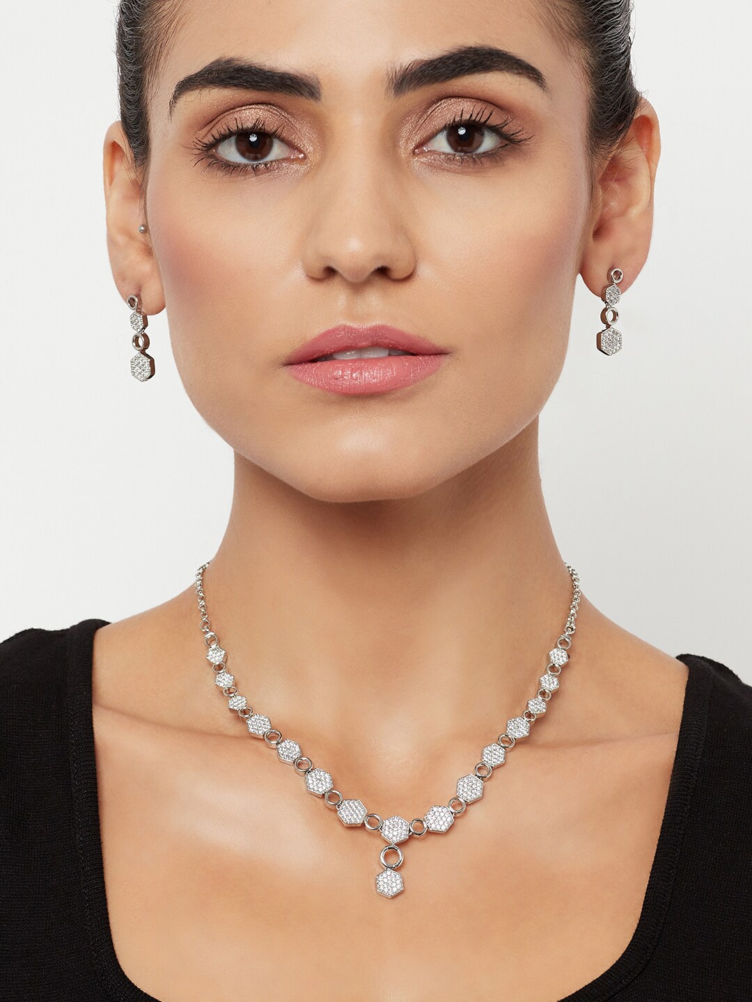 

Voylla Rhodium-Plated CZ Studded Geometric Jewellery Set, Silver