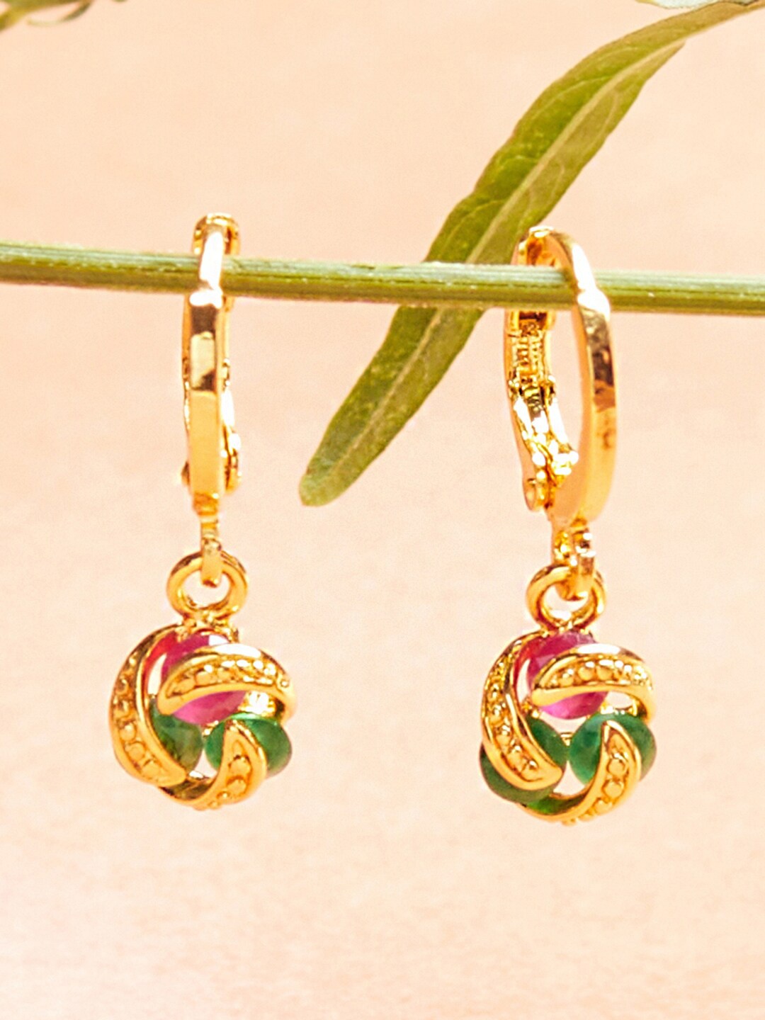 

Voylla Gold-Toned & Green Contemporary Hoop Earrings