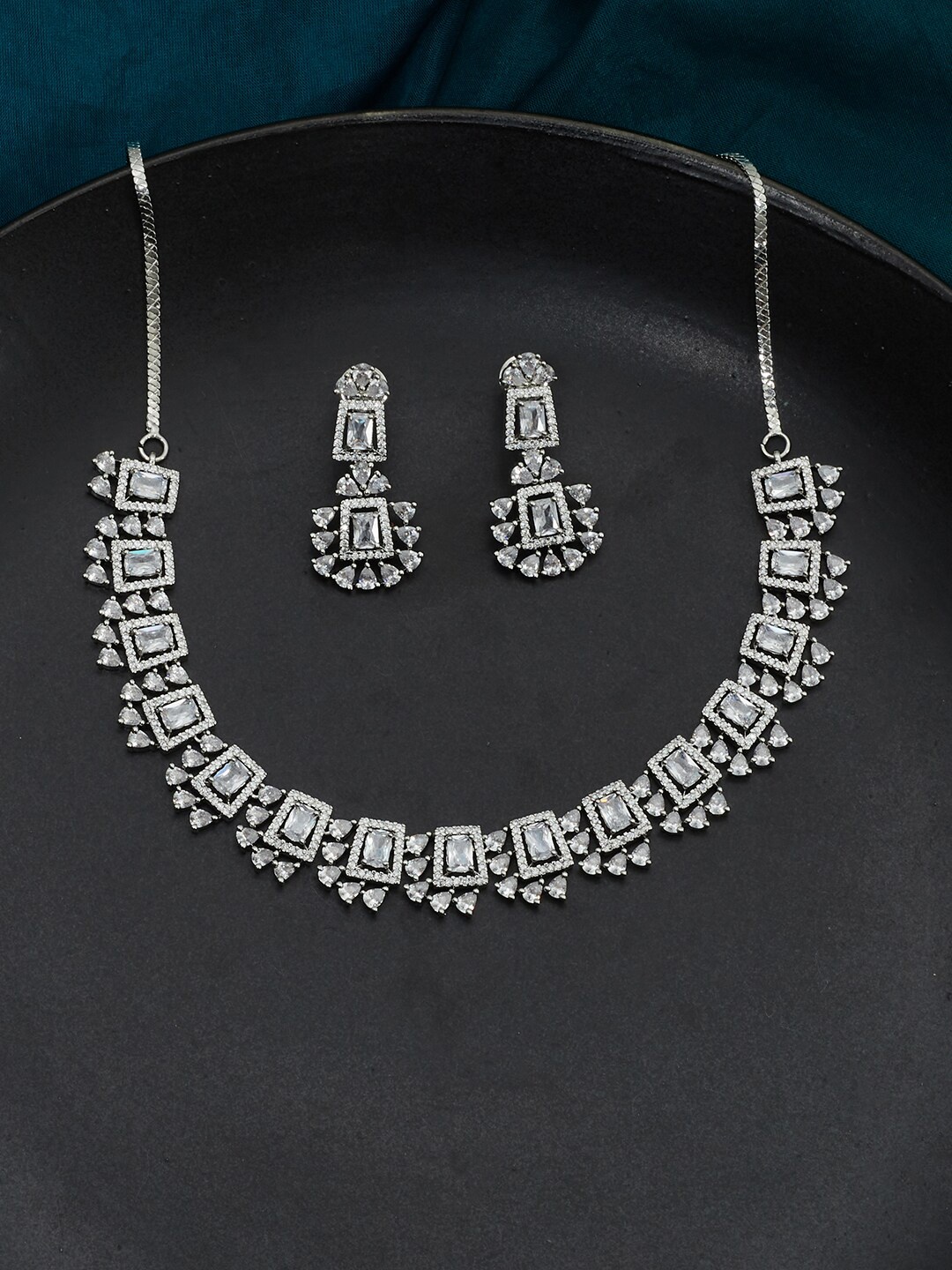 

Voylla Women Rhodium-Plated & White CZ Studded Jewellery Set, Silver