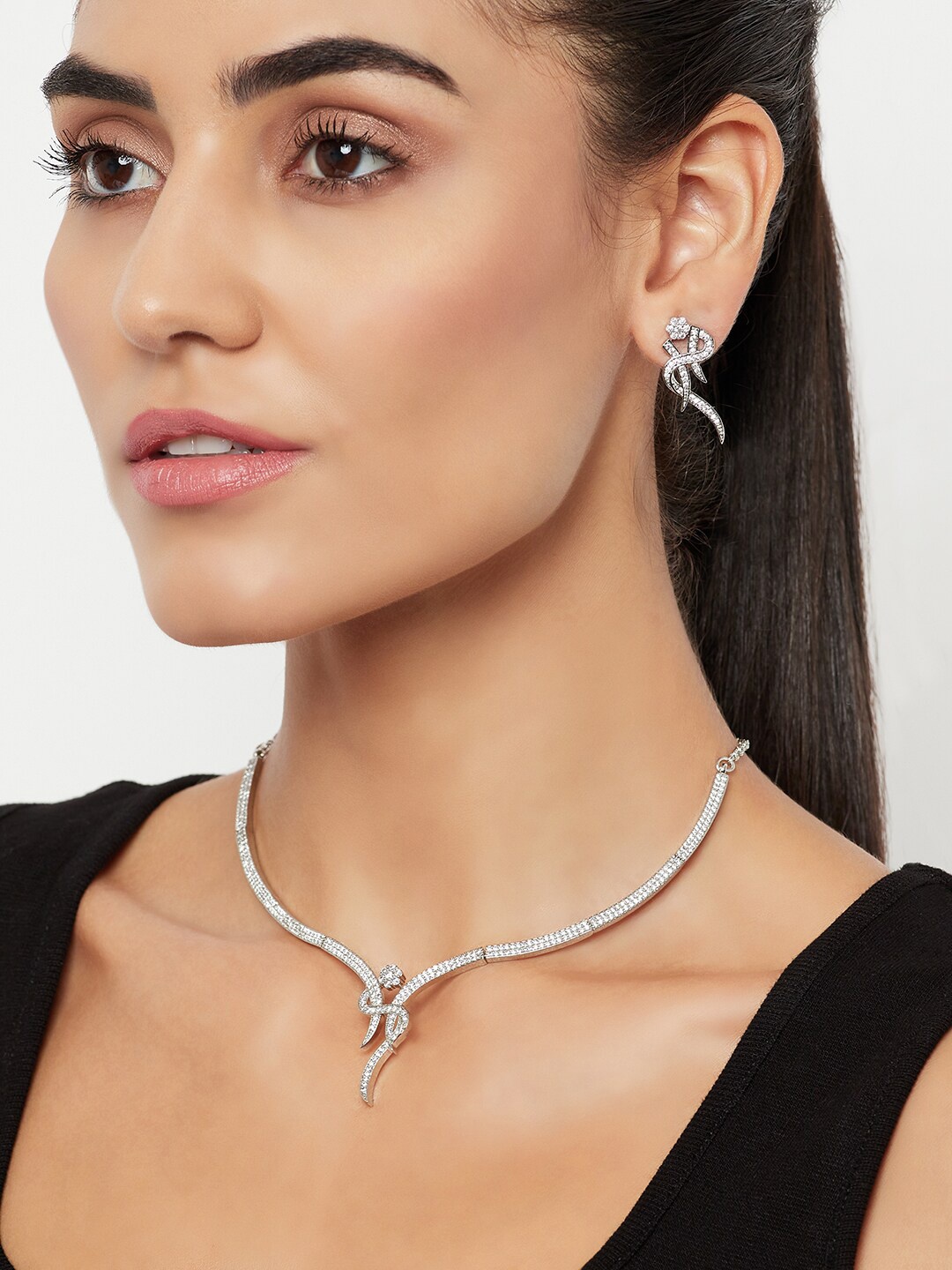 

Voylla Rhodium-Plated CZ Studded Jewellery Set, Silver