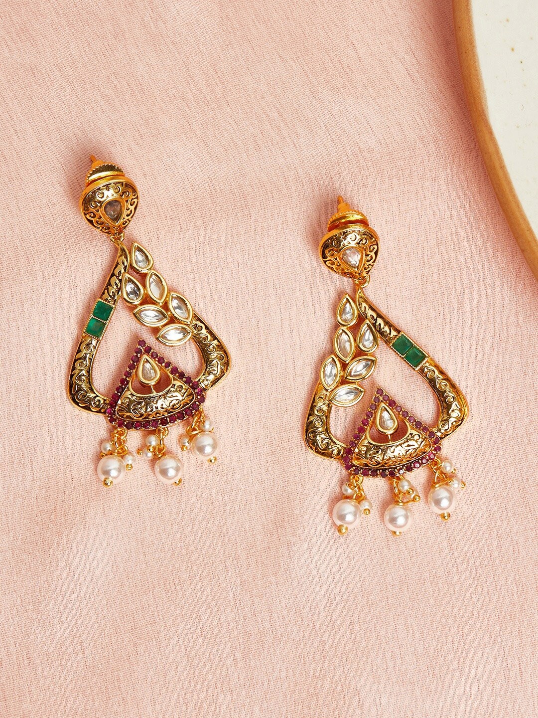 

Voylla Gold-Toned Contemporary Vintage Inspired Faux Kundan Drop Earrings