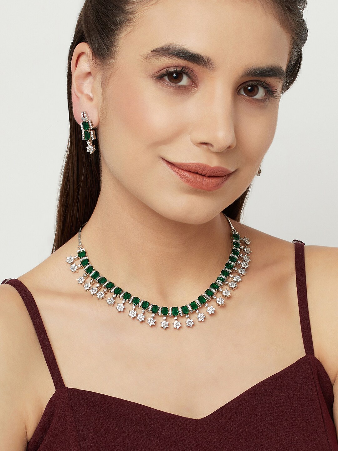 

Voylla Women Rhodium-Plated Green CZ Studded Jewellery Set, Silver