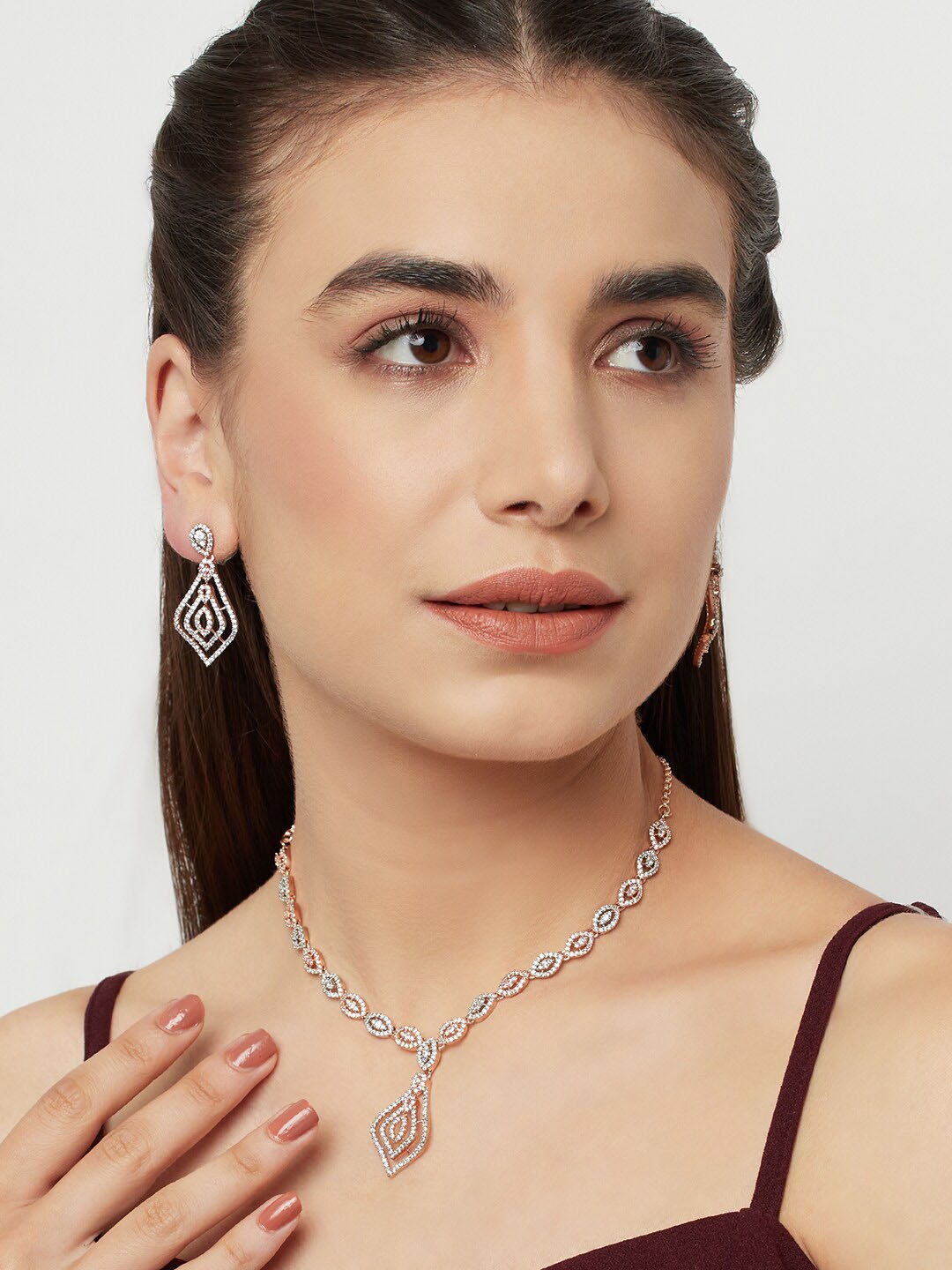 

Voylla Rose Gold-Plated White Stone-Sudded Jewellery Set